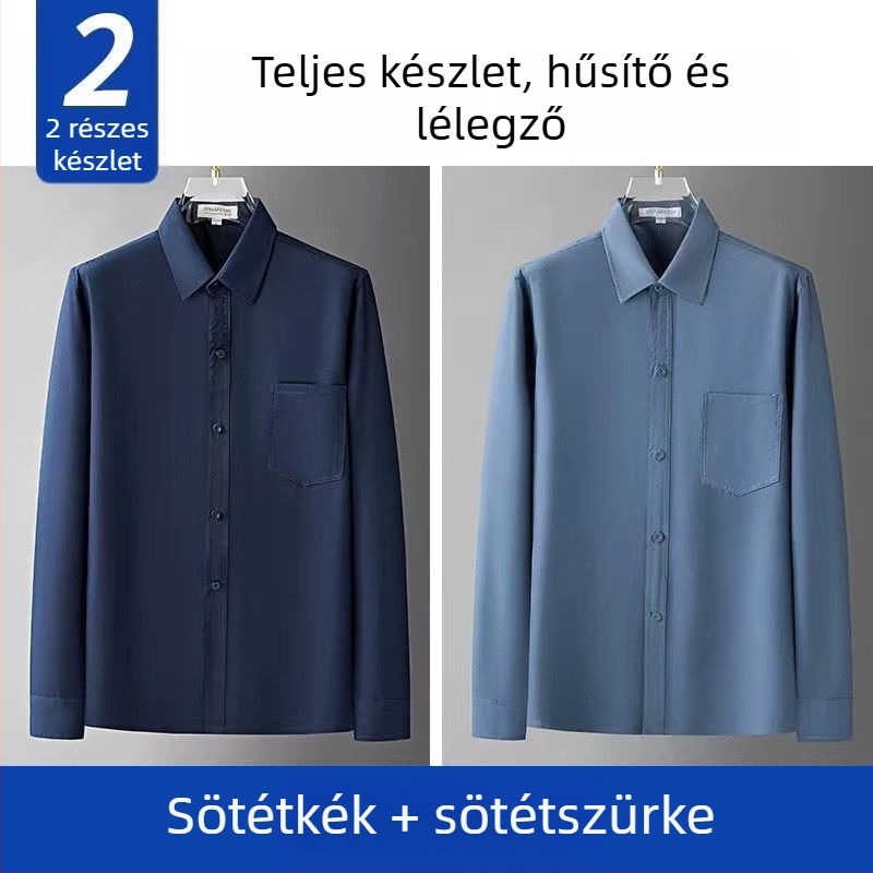 Férfi selyem hosszú ujjú ing, laza szabású, széles gallér, lélegző, egyszínű mintázat