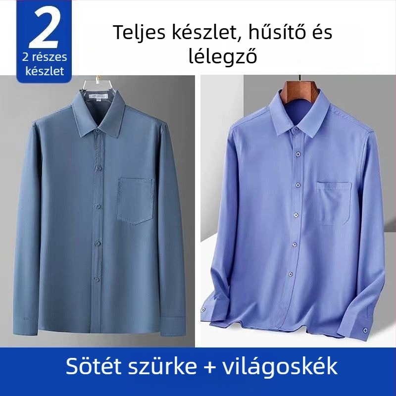 Férfi selyem hosszú ujjú ing, laza szabású, széles gallér, lélegző, egyszínű mintázat