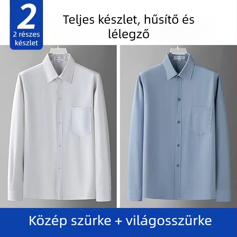 Férfi selyem hosszú ujjú ing, laza szabású, széles gallér, lélegző, egyszínű mintázat