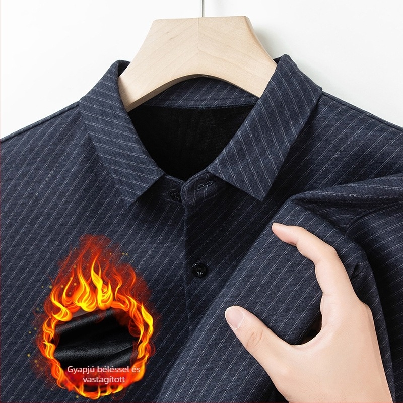 Középkorú férfiaknak készült fleece-béléses hosszú ujjú ing, diagonális csíkokkal, apa-stílusú téli üzleti viselet, meleg és magas minőségű