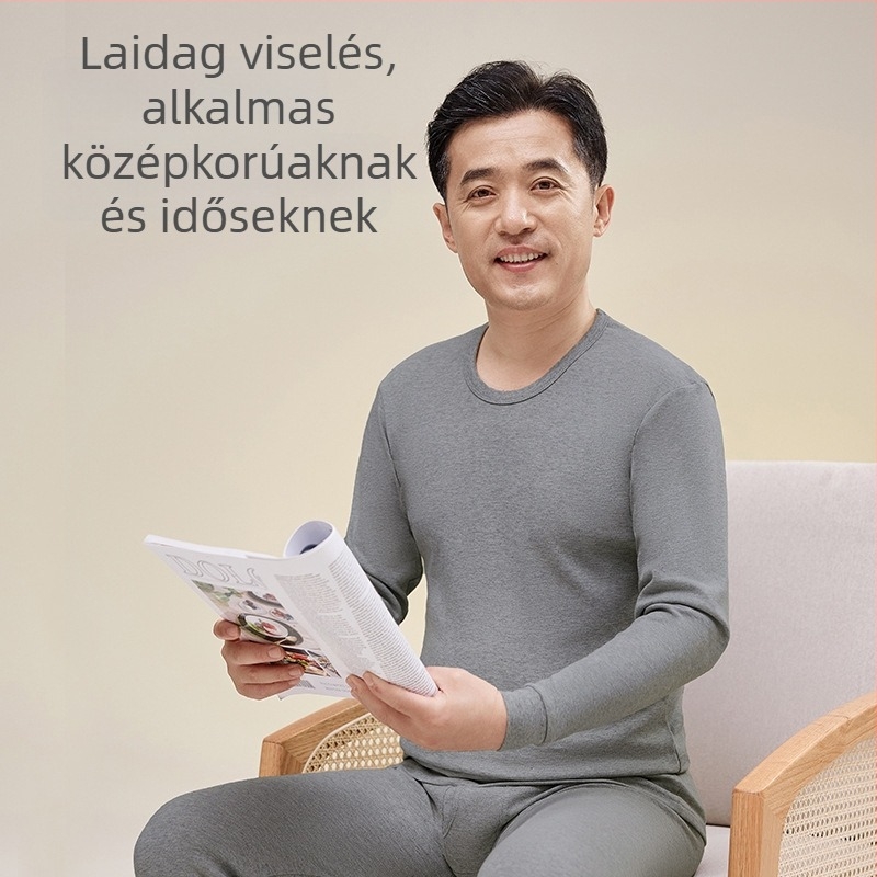 Férfi 100% pamut termikus alsóruha készlet: felső környakú, hosszú ujjú és nadrág, vast anyag (201–250 g/m2), deréktámasz, középkorú férfiaknak