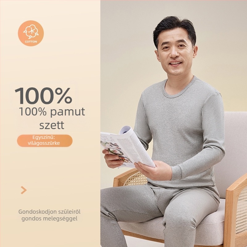 Férfi 100% pamut termikus alsóruha készlet: felső környakú, hosszú ujjú és nadrág, vast anyag (201–250 g/m2), deréktámasz, középkorú férfiaknak