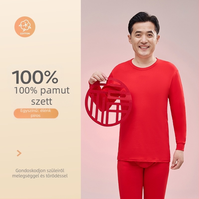 Férfi 100% pamut termikus alsóruha készlet: felső környakú, hosszú ujjú és nadrág, vast anyag (201–250 g/m2), deréktámasz, középkorú férfiaknak