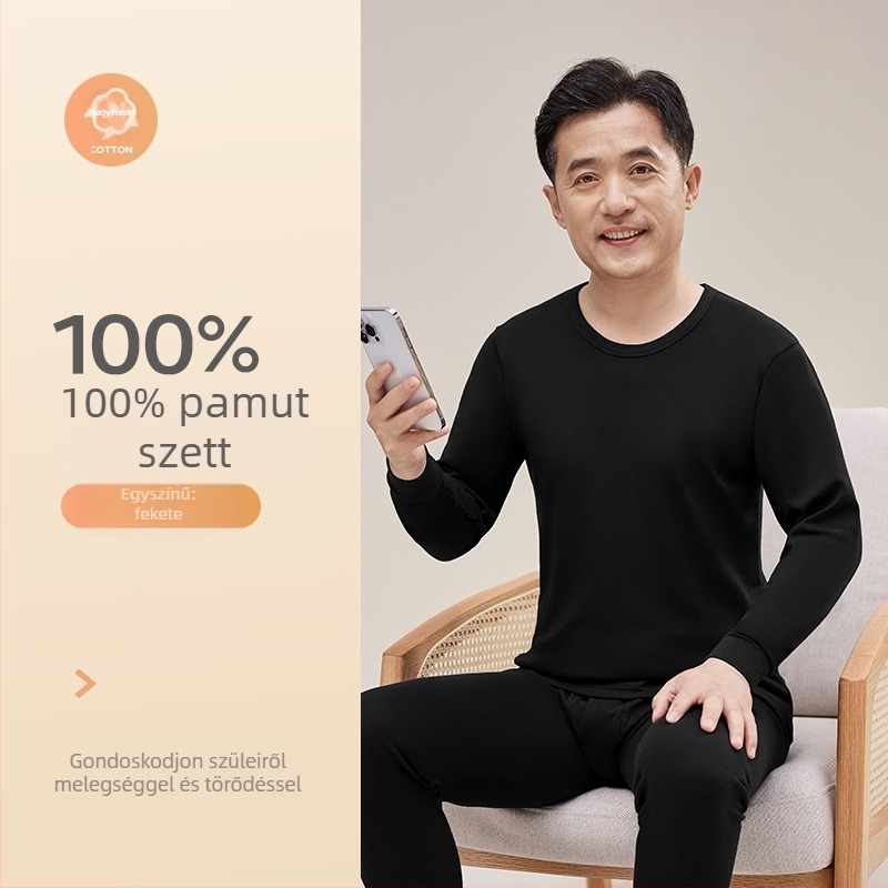 Férfi 100% pamut termikus alsóruha készlet: felső környakú, hosszú ujjú és nadrág, vast anyag (201–250 g/m2), deréktámasz, középkorú férfiaknak