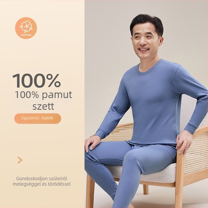 Férfi 100% pamut termikus alsóruha készlet: felső környakú, hosszú ujjú és nadrág, vast anyag (201–250 g/m2), deréktámasz, középkorú férfiaknak