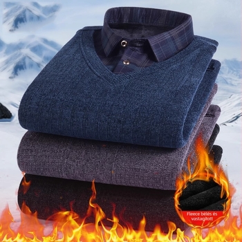 Férfi téli Chenille pulóver fleece-béléssel, vastag meleg, két részes hatású dizájn, laza szabású, hosszú ujjú, ingnyakú
