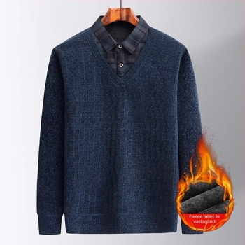 Férfi téli Chenille pulóver fleece-béléssel, vastag meleg, két részes hatású dizájn, laza szabású, hosszú ujjú, ingnyakú