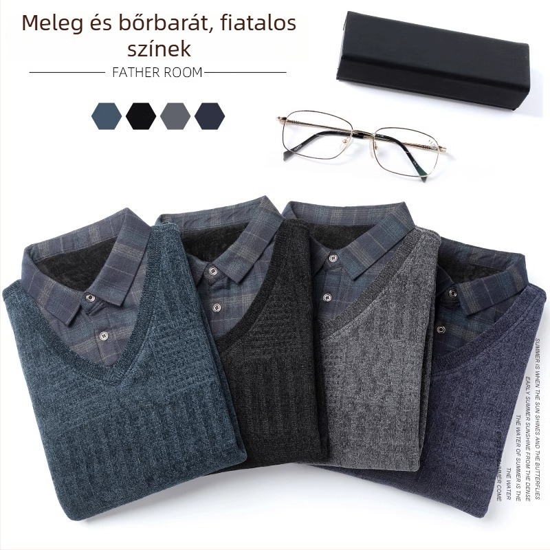 Férfi téli Chenille pulóver fleece-béléssel, vastag meleg, két részes hatású dizájn, laza szabású, hosszú ujjú, ingnyakú