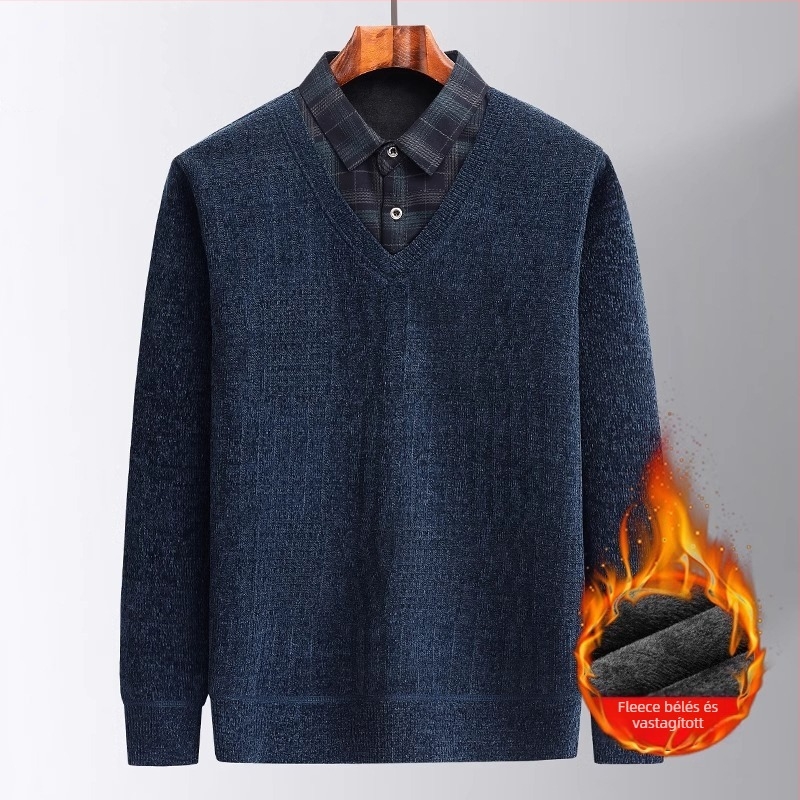Férfi téli Chenille pulóver fleece-béléssel, vastag meleg, két részes hatású dizájn, laza szabású, hosszú ujjú, ingnyakú