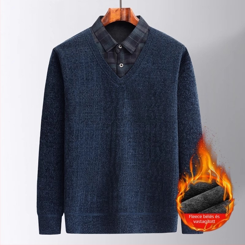 Férfi téli Chenille pulóver fleece-béléssel, vastag meleg, két részes hatású dizájn, laza szabású, hosszú ujjú, ingnyakú