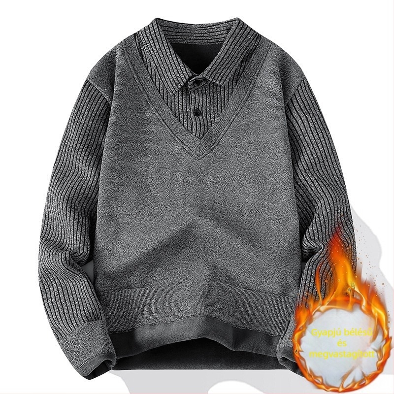 Őszi–téli vastag fleece-betétes kötött pulóver középkorú férfiaknak, hosszú ujjú, kapucnis fazon