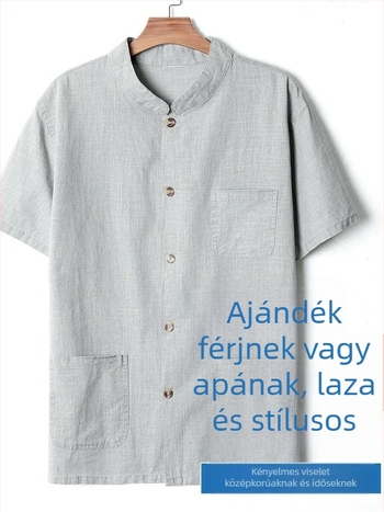 Férfi rövid ujjú ing lenkeverékből, laza szabás, álló gallér, egyszínű, nyári viselet
