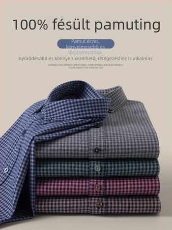 Őszi 2024 férfi pamutból készült kockás ing, hosszú ujjú, lazább szabás, vasalásmentes