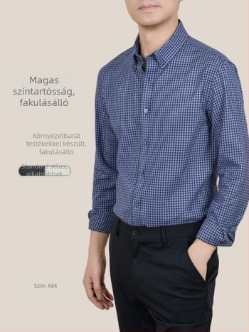 Őszi 2024 férfi pamutból készült kockás ing, hosszú ujjú, lazább szabás, vasalásmentes