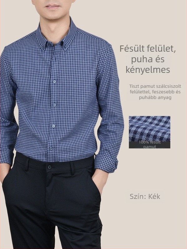 Őszi 2024 férfi pamutból készült kockás ing, hosszú ujjú, lazább szabás, vasalásmentes