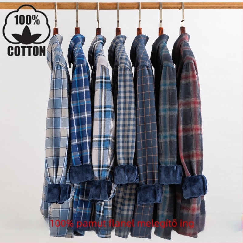 Férfi ing – 100% pamut, fleece bélés, kockás mintázat, hosszú ujjú, laza szabás