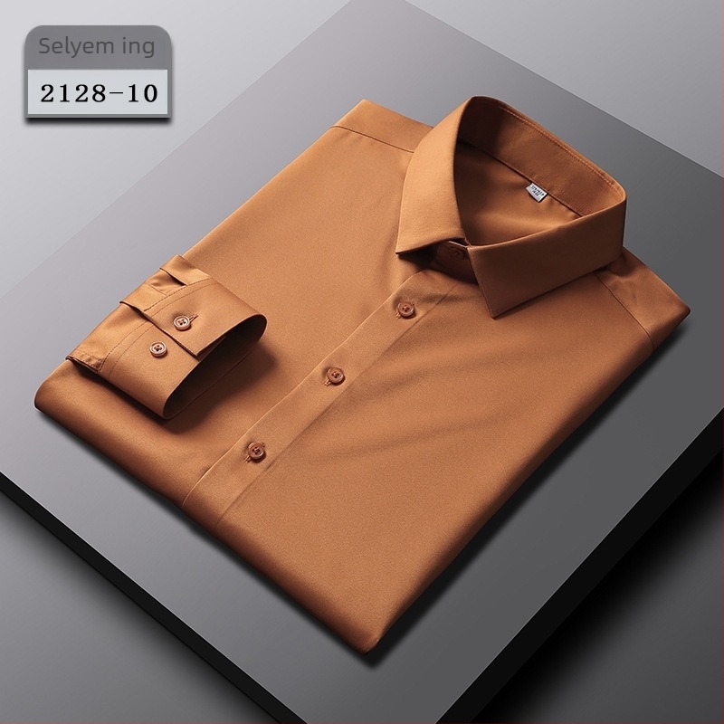 Selyem hosszú ujjú ing középkorú férfiak számára, slim-fit, üzleti stílus, lélegző