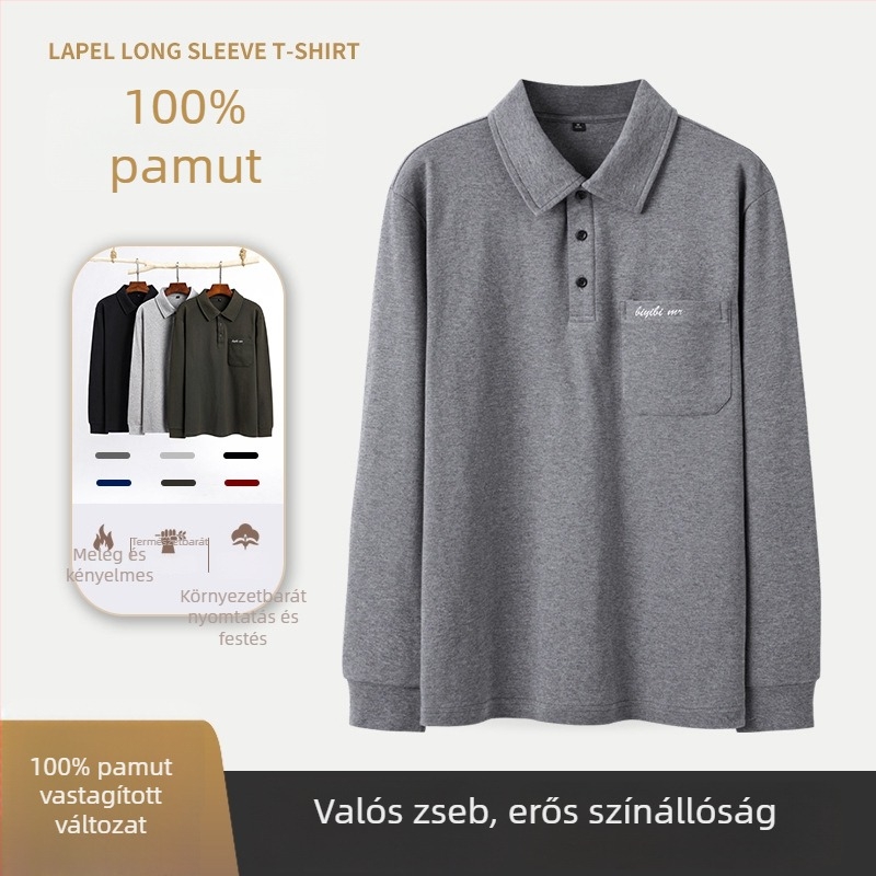 Hosszú ujjú, 100% pamut poloing férfiaknak – őszi-tavasz, egyszerű, mindennapi fazon klasszikus gallérral