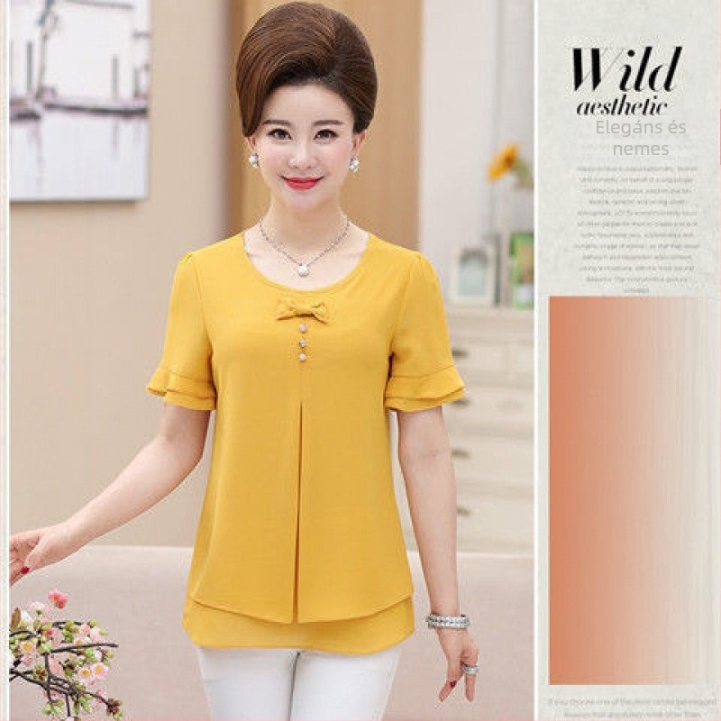 Női nyári chiffonsblúz kerek nyakkal, Feifei ujjak, hosszú ujjak, poliészter 90-95%-os anyag, szabálytalan szegély