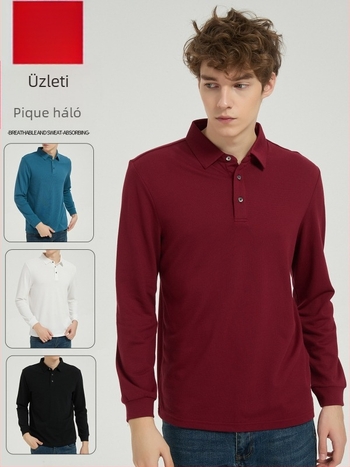 Férfi polo ing piqué háló modal pamut anyagból, hosszú ujjú, vastag anyag, lélegző, nedvességelvezető, vasalásmentes, őszi viselet.