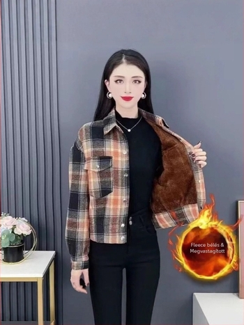 Őszi–téli női ing, kardigán-stílusú külső réteg fleece-béléssel, karcsú szabás, elegáns mindennapi viselet, csíkos vagy kockás mintázattal