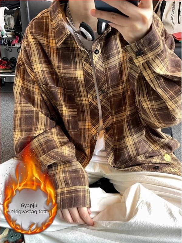 Ősz–tél japán stílusú retro fleece-béléssel, kockás ing férfiaknak, hosszú ujjú, laza szabású, meleg.