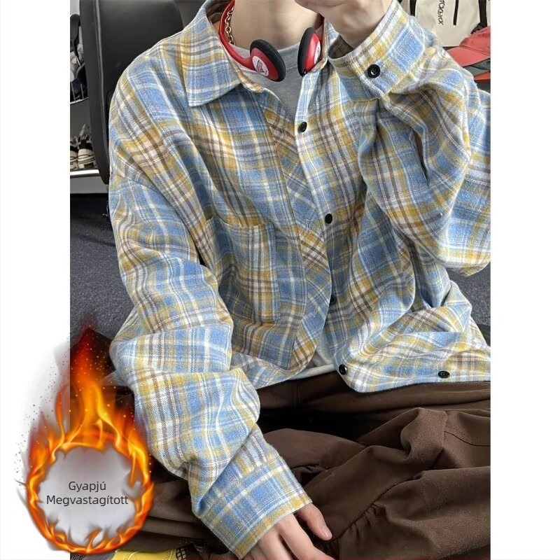 Ősz–tél japán stílusú retro fleece-béléssel, kockás ing férfiaknak, hosszú ujjú, laza szabású, meleg.