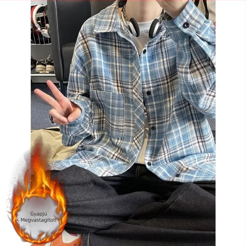Ősz–tél japán stílusú retro fleece-béléssel, kockás ing férfiaknak, hosszú ujjú, laza szabású, meleg.