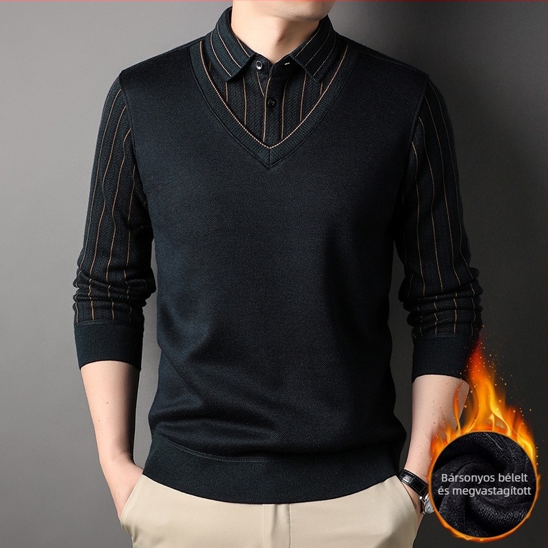 Rétegezett hatású kötött pulóver fleece-béléssel, jacquard mintázat, galléros kivitel, egyenes szabás, hosszú ujjak, téli viselet