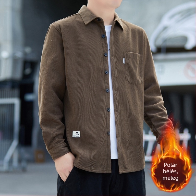 Férfi korduroy ing fleece-lével bélelt – téli trend munkaruha, vasalásmentes, hosszú ujjú, meleg és vastag, laza szabású