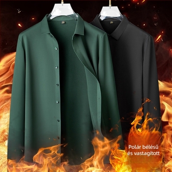 Férfi fleece-béléssel ellátott téli ing, üzleti casual stílus, hosszú ujjú, meleg, vasalásmentes, négyszögletes gallér