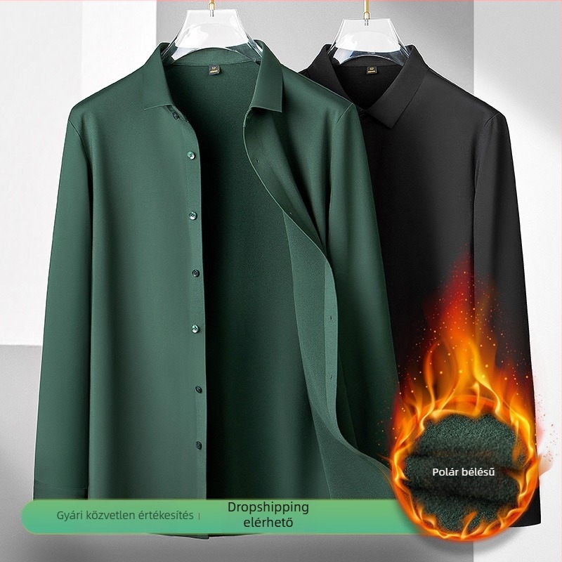 Férfi fleece-béléssel ellátott téli ing, üzleti casual stílus, hosszú ujjú, meleg, vasalásmentes, négyszögletes gallér