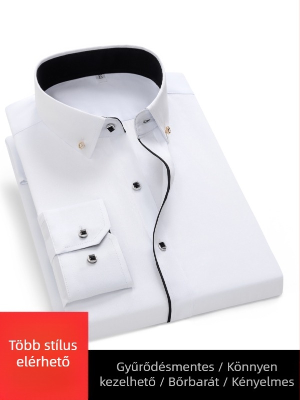 Slim-fit pamut-keverék ing üzleti célra, hosszú ujjú, négyzetes gallér, légáteresztő és nedvesség-elvezető, egyszínű mintázat