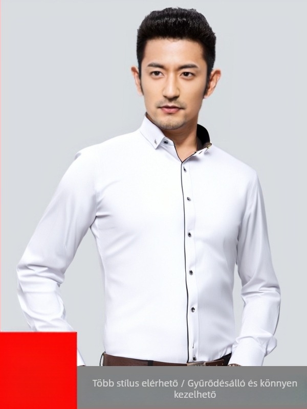 Slim-fit pamut-keverék ing üzleti célra, hosszú ujjú, négyzetes gallér, légáteresztő és nedvesség-elvezető, egyszínű mintázat