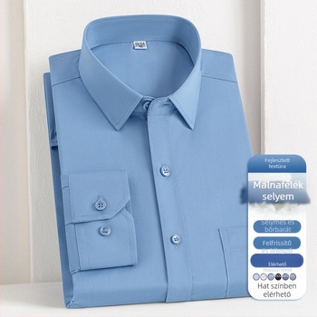 Férfi ing üzleti ingázáshoz, reveres gallér, hosszú ujjú, egyszínű, 72% poliészter, 21% regenerált cellulóz, 4% spandex, 3% mulberry selyem, 2025 ősz
