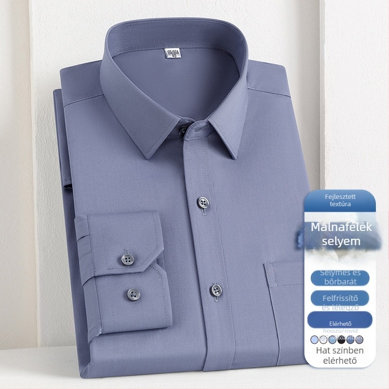 Férfi ing üzleti ingázáshoz, reveres gallér, hosszú ujjú, egyszínű, 72% poliészter, 21% regenerált cellulóz, 4% spandex, 3% mulberry selyem, 2025 ősz