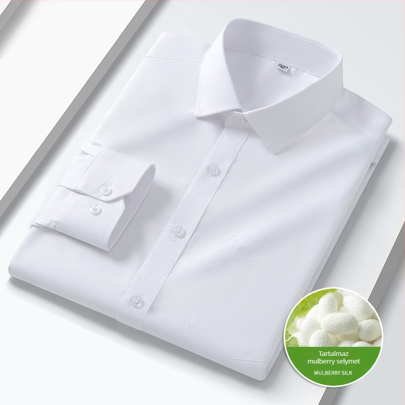 Férfi ing üzleti ingázáshoz, reveres gallér, hosszú ujjú, egyszínű, 72% poliészter, 21% regenerált cellulóz, 4% spandex, 3% mulberry selyem, 2025 ősz