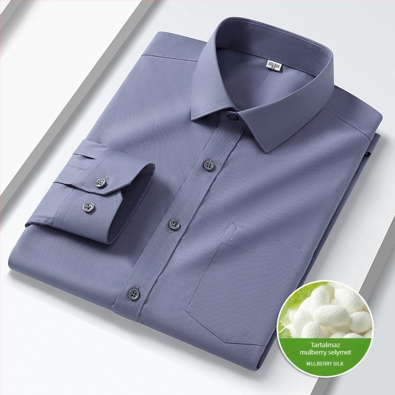 Férfi ing üzleti ingázáshoz, reveres gallér, hosszú ujjú, egyszínű, 72% poliészter, 21% regenerált cellulóz, 4% spandex, 3% mulberry selyem, 2025 ősz