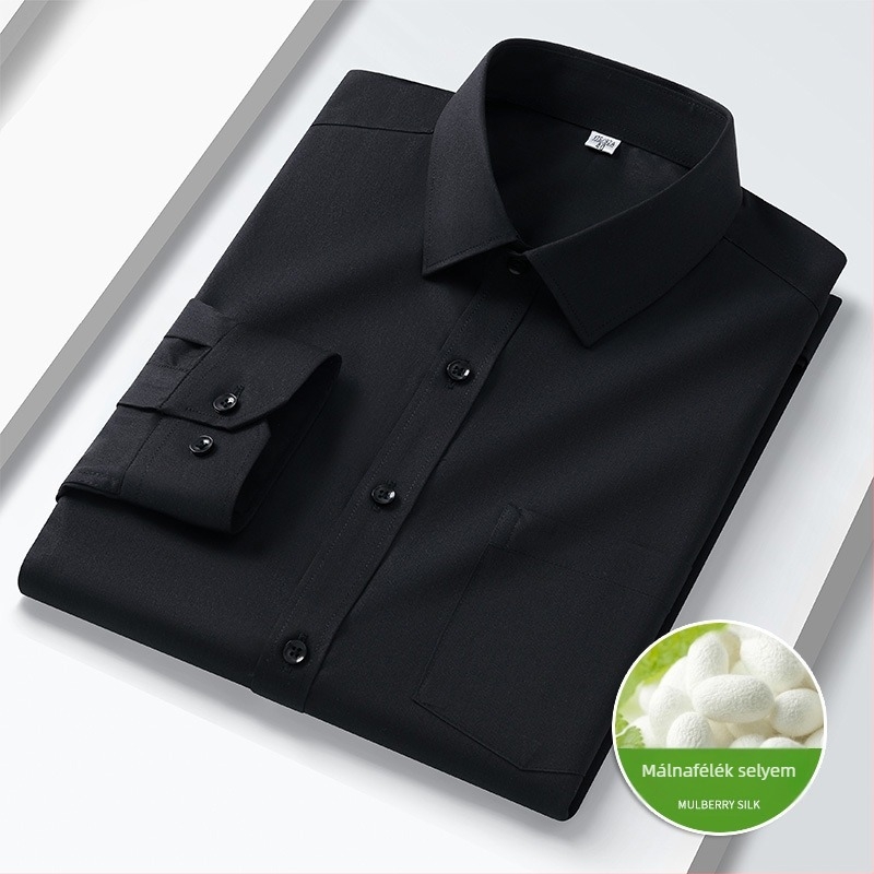 Férfi ing üzleti ingázáshoz, reveres gallér, hosszú ujjú, egyszínű, 72% poliészter, 21% regenerált cellulóz, 4% spandex, 3% mulberry selyem, 2025 ősz