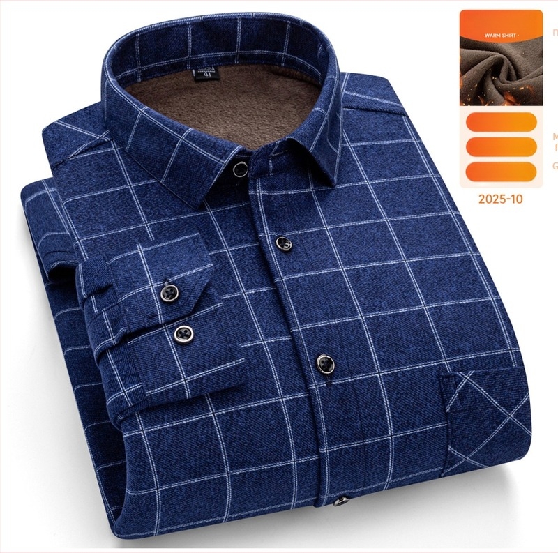 Férfi meleg téli hosszú ujjú ing, laza szabás, négyszögletes gallér, rácsos mintázat, pamut-keverék