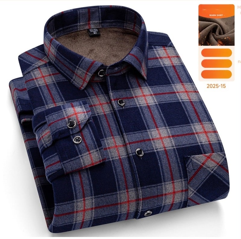 Férfi meleg téli hosszú ujjú ing, laza szabás, négyszögletes gallér, rácsos mintázat, pamut-keverék