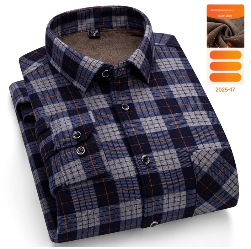 Férfi meleg téli hosszú ujjú ing, laza szabás, négyszögletes gallér, rácsos mintázat, pamut-keverék