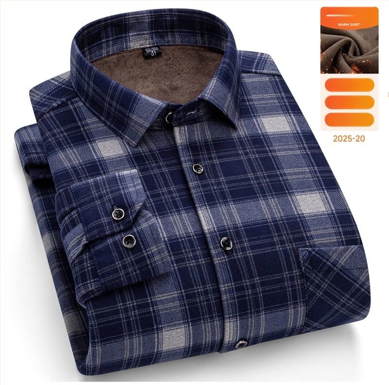 Férfi meleg téli hosszú ujjú ing, laza szabás, négyszögletes gallér, rácsos mintázat, pamut-keverék