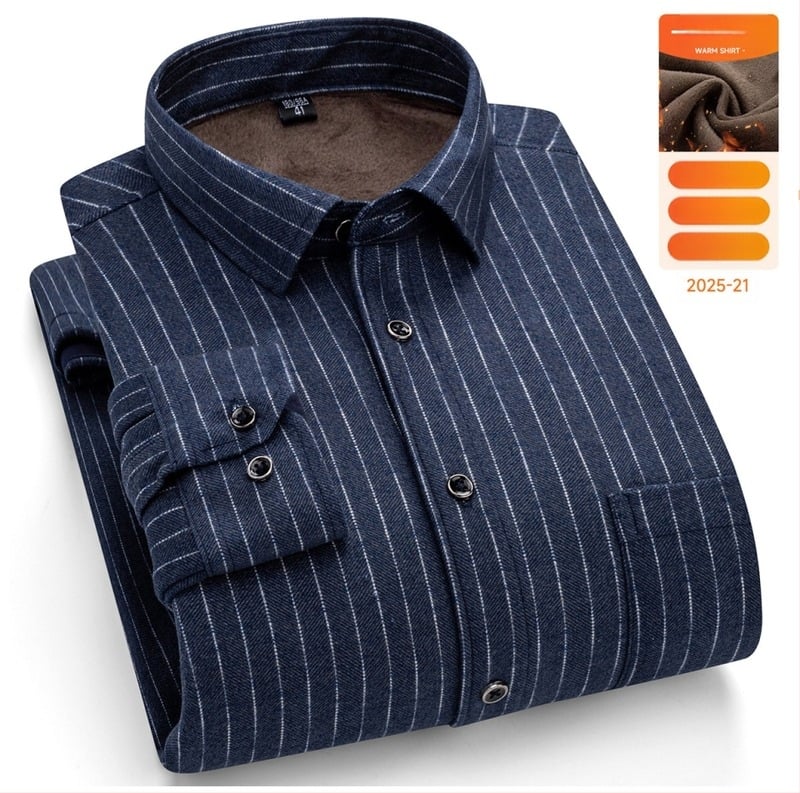 Férfi meleg téli hosszú ujjú ing, laza szabás, négyszögletes gallér, rácsos mintázat, pamut-keverék