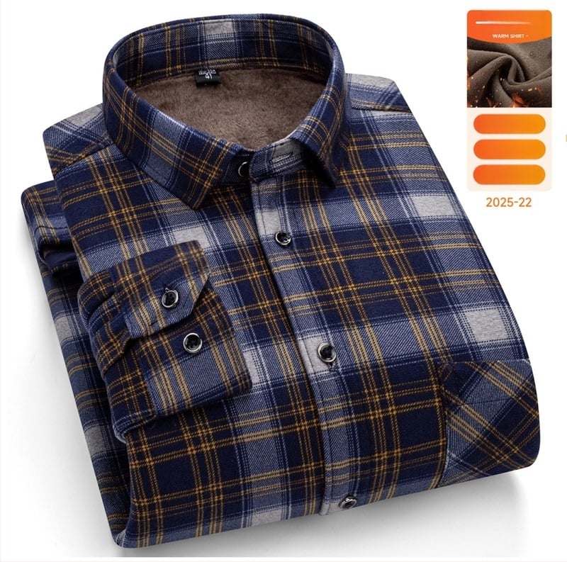 Férfi meleg téli hosszú ujjú ing, laza szabás, négyszögletes gallér, rácsos mintázat, pamut-keverék