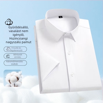 Férfi nyári rövid ujjú fehéring, egyszínű pamutkeverék, lélegző, üzleti casual és formális munkaöltözethez.