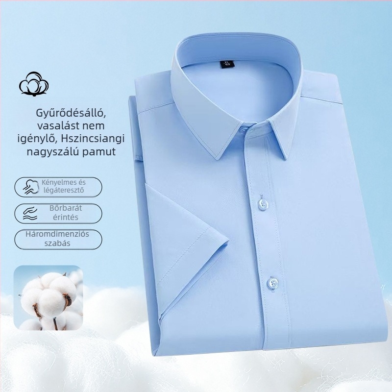 Férfi nyári rövid ujjú fehéring, egyszínű pamutkeverék, lélegző, üzleti casual és formális munkaöltözethez.