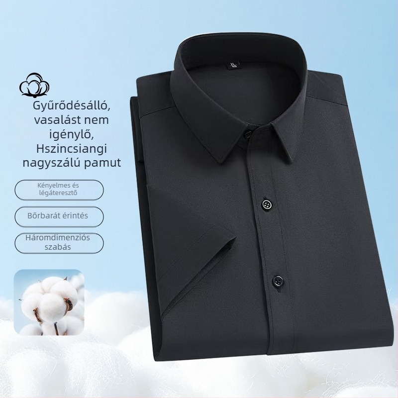 Férfi nyári rövid ujjú fehéring, egyszínű pamutkeverék, lélegző, üzleti casual és formális munkaöltözethez.