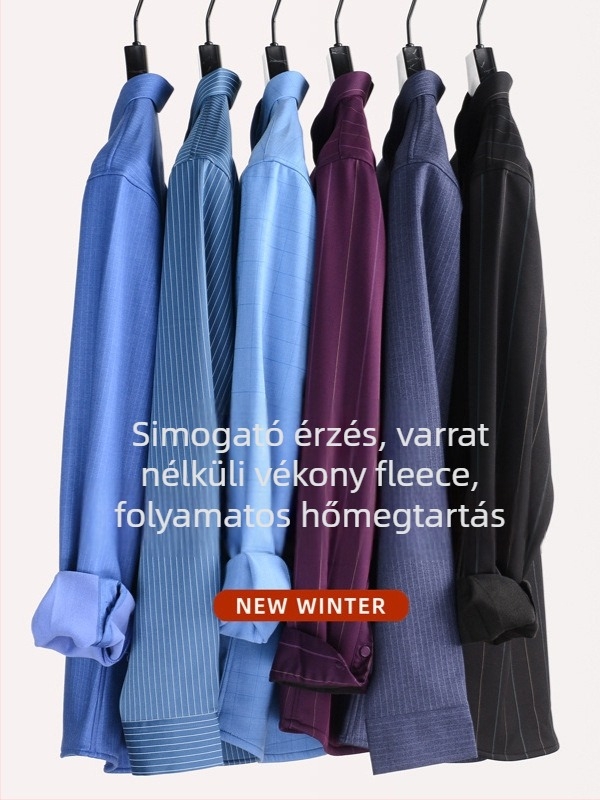 Férfi fleece-béléssel ellátott ing, hosszú ujjú, slim-fit, négyszögletes gallér, vasalást nem igényel