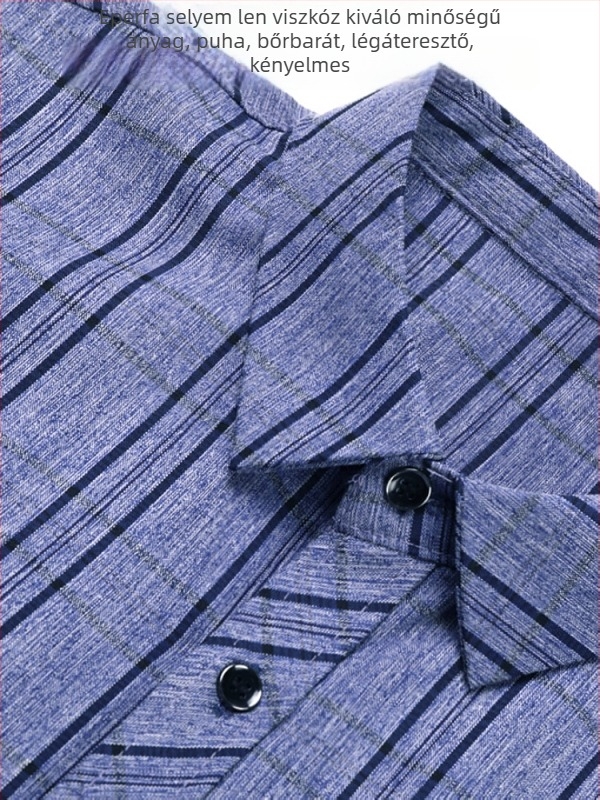 Nyári férfi rövid ujjú ing len és Mulberry Silk anyagból, kockás mintázat, zsebbel